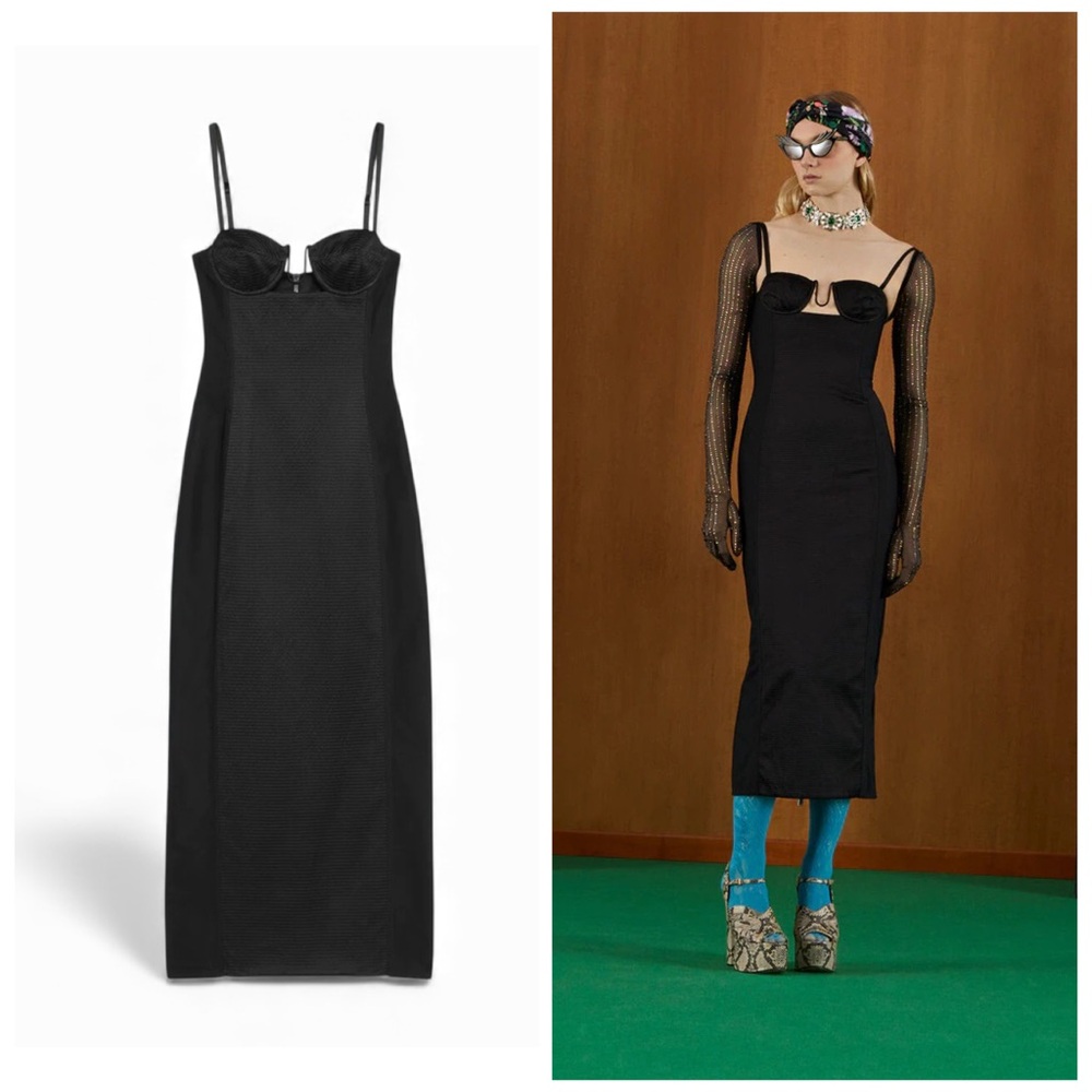 Gucci Black Midi Dress Silk Duchesse Stretch V Neck M Cocktail Party Runway 🟡